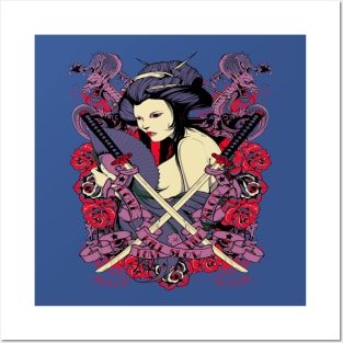 geisha with crossed swords flourish Posters and Art